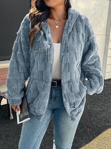 SHEIN LUNE Plus Size Women's Gray Fluffy Teddy Jacket, Oversized, Hooded, Casual, Autumn Winter - Dusty Blue - View 7