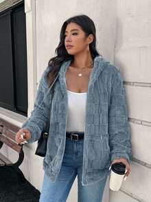 SHEIN LUNE Plus Size Women's Gray Fluffy Teddy Jacket, Oversized, Hooded, Casual, Autumn Winter - Dusty Blue - View 2