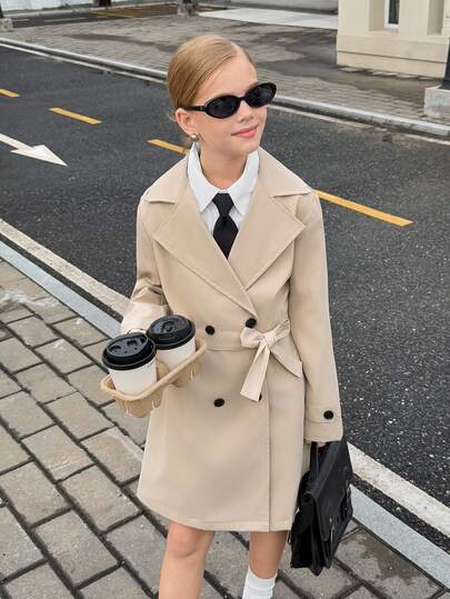 Fashionable Loose Belted Double-Breasted Long Windbreaker For Girls, Suitable For Commuting Or Daily Wear In Autumn Fall Winter