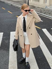 Tween女孩翻領繫帶雙排扣風衣長版外套，經典秋冬街頭風，適合8-12歲 - 卡其色 - 查看 5