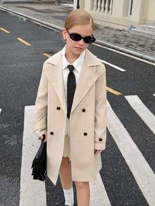 Tween女孩翻領繫帶雙排扣風衣長版外套，經典秋冬街頭風，適合8-12歲 - 卡其色 - 查看 6