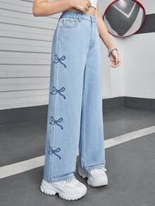 SHEIN 青少年女孩休閒牛仔褲，可愛蝴蝶刺繡，舒適百搭直筒水洗牛仔褲，適合假期、夏季、旅行、舞會、告別，藍色 - 中等水洗藍 - 查看 3