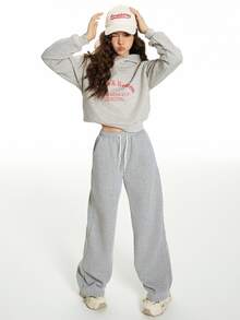 青少年女孩純色前綁帶口袋休閒長褲，日常穿著灰色秋季款 - 灰色 - 查看 7