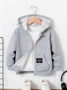 SHEIN Young Boy Applique Patch Pocket Hooded Zipper Front Long Sleeve Jacket Chic For Autumn/Winter Fall - Grey - View 1