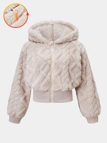 SHEIN 1 Pc Girls Hooded Long Sleeve Zipper Front Short Knit Mottled Jacket, Autumn Fall Winter - Apricot - View 2
