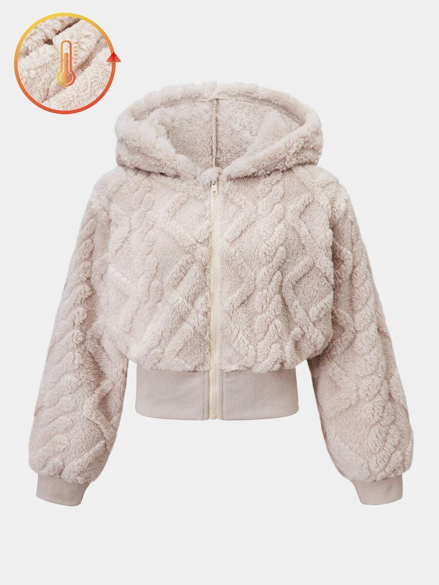 SHEIN 1 Pc Girls Hooded Long Sleeve Zipper Front Short Knit Mottled Jacket, Autumn Fall Winter