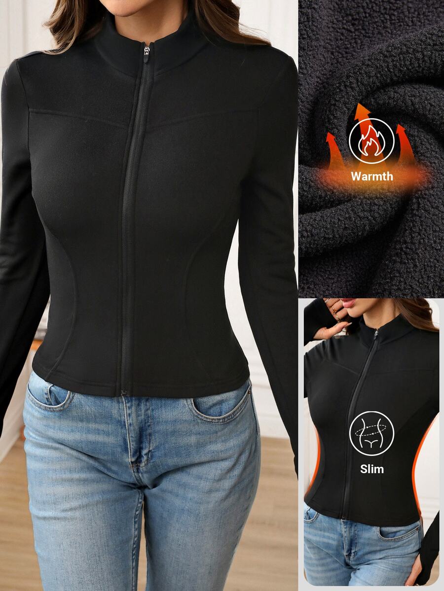 Easowa Chaqueta ajustada de yoga con cuello alto, elástica y de forro polar, chaqueta deportiva para mujer con protección solar para otoño/invierno