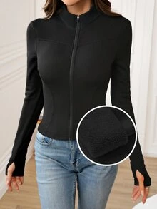 Easowa Chaqueta ajustada de yoga con cuello alto, elástica y de forro polar, chaqueta deportiva para mujer con protección solar para otoño/invierno - Negro - Ver 4