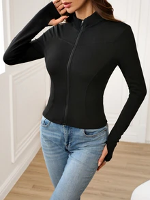 Easowa Chaqueta ajustada de yoga con cuello alto, elástica y de forro polar, chaqueta deportiva para mujer con protección solar para otoño/invierno - Negro - Ver 9