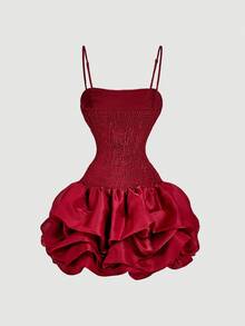 SHEIN MOD Women's Burgundy Fitted Ruched Bubble Hem Organza Mini Dress,Valentine Day - Burgundy - View 2