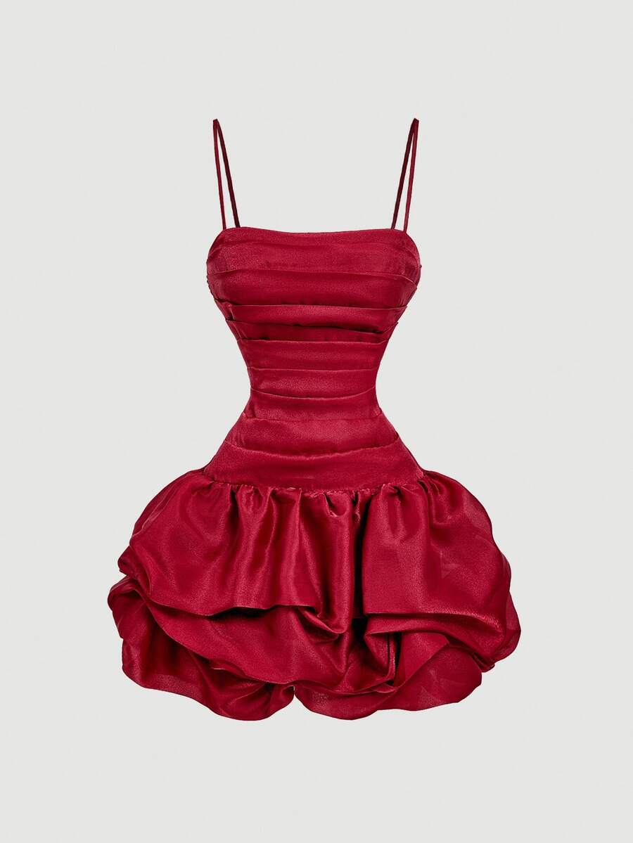 SHEIN MOD Women's Burgundy Fitted Ruched Bubble Hem Organza Mini Dress,Valentine Day - Burgundy - View 1