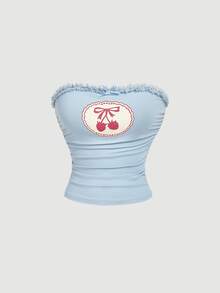 SHEIN MOD Women's Blue Cute Cherry Print Top - Blue - View 1