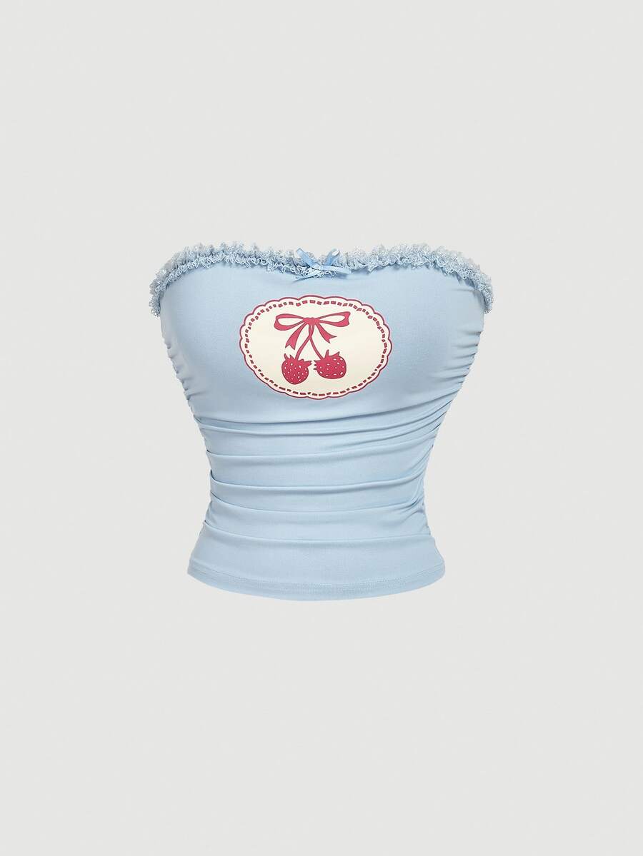 SHEIN MOD Women's Blue Cute Cherry Print Top - Blue - View 1