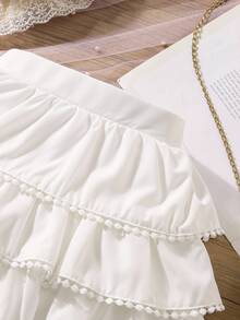 Elladie kids Young Girl Wedding 7th Birthday Beach Solid Color Elastic Waist Contrast Lace Ruffle Hem A-Line Skirt White Autumn Fairy Princess - White - View 5