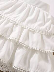 Elladie kids Young Girl Wedding 7th Birthday Beach Solid Color Elastic Waist Contrast Lace Ruffle Hem A-Line Skirt White Autumn Fairy Princess - White - View 4