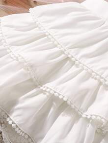 Elladie kids Young Girl Wedding 7th Birthday Beach Solid Color Elastic Waist Contrast Lace Ruffle Hem A-Line Skirt White Autumn Fairy Princess - White - View 6