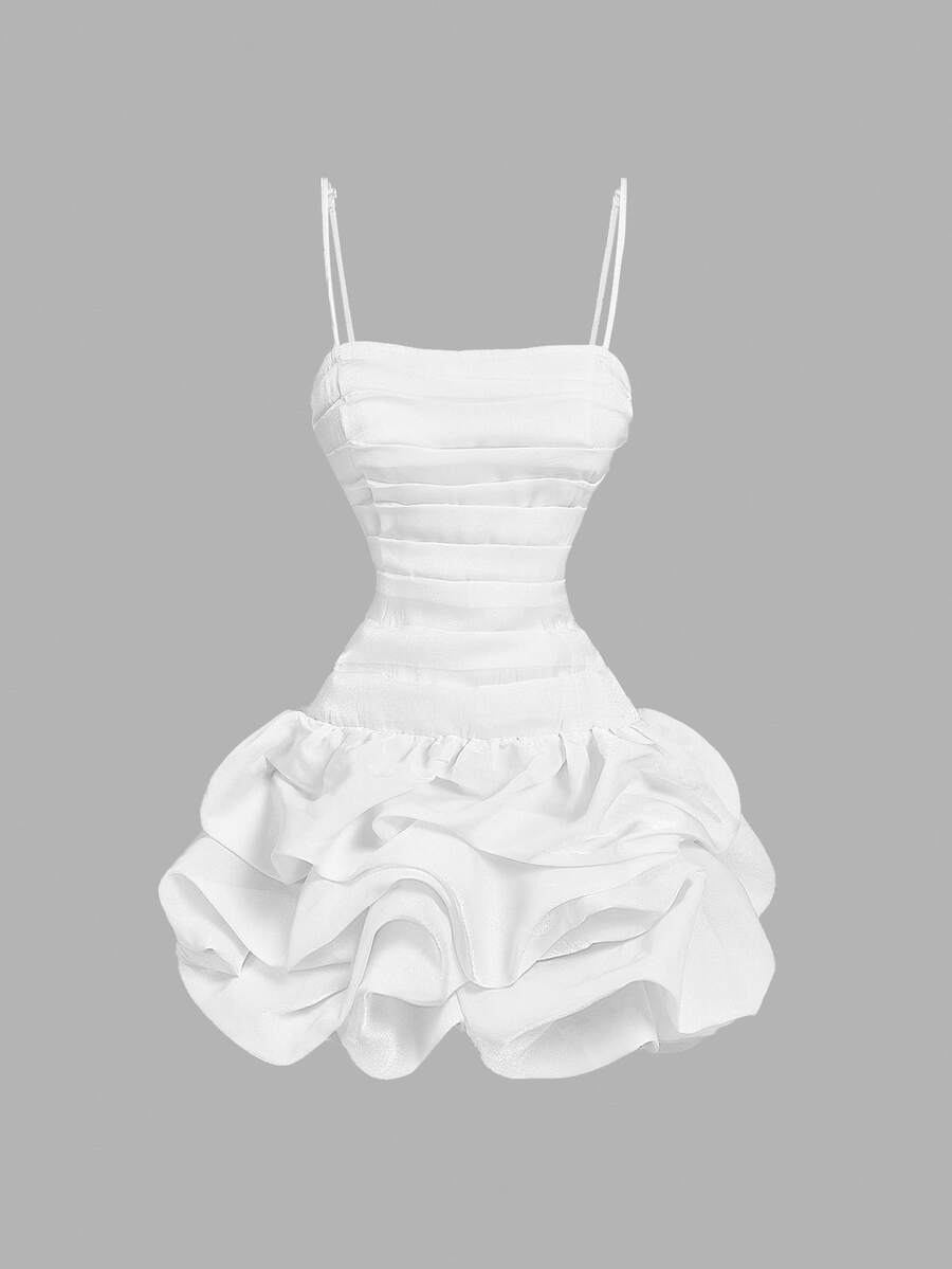 SHEIN MOD Váy ngắn organza viền phồng màu trắng ôm sát dành cho nữ, ngày lễ tình nhân - trắng - Xem 1