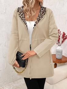 SHEIN Clasi Women's Reversible Leopard Print Drawstring Casual Jacket In Fall/Winter - Khaki - View 6