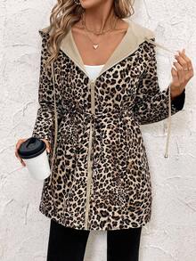 SHEIN Clasi Women's Reversible Leopard Print Drawstring Casual Jacket In Fall/Winter - Khaki - View 4