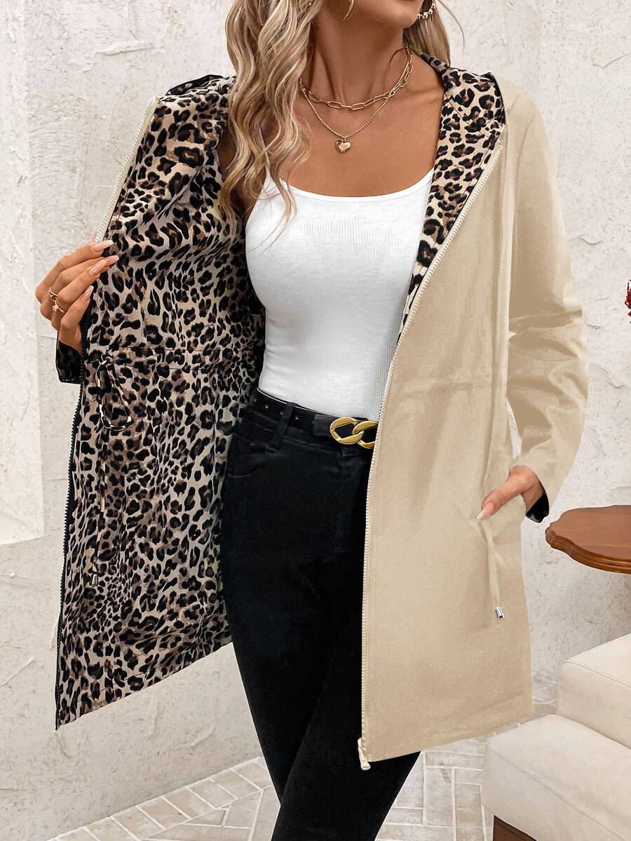 SHEIN Clasi Women's Reversible Leopard Print Drawstring Casual Jacket In Fall/Winter - Khaki - View 1