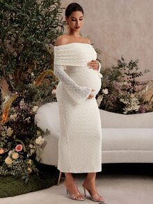 MaterniChic 秋装、秋季服装、孕妇装 秋冬装 孕妇装 孕妇纯色褶皱露肩长袖修身优雅连衣裙 孕妇婴儿洗礼连衣裙 孕妇摄影连衣裙 露肩白色连衣裙孕妇装 孕妇摄影连衣裙 白色孕妇装 - 杏色 - 查看 4