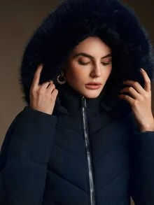 Anewsta Essential Women's Mid-Length Cinched Waist Hooded Jacket With Removable Fur Collar, Zip-Up Padded Coat - Navy Blue - View 6