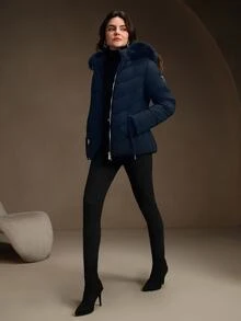 Anewsta Essential Women's Mid-Length Cinched Waist Hooded Jacket With Removable Fur Collar, Zip-Up Padded Coat - Navy Blue - View 5