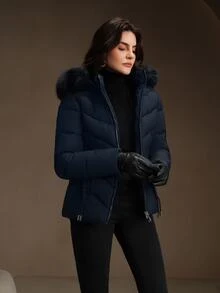 Anewsta Essential Women's Mid-Length Cinched Waist Hooded Jacket With Removable Fur Collar, Zip-Up Padded Coat - Navy Blue - View 4