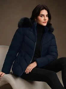 Anewsta Essential Women's Mid-Length Cinched Waist Hooded Jacket With Removable Fur Collar, Zip-Up Padded Coat - Navy Blue - View 2