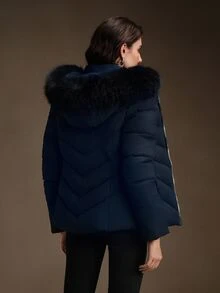 Anewsta Essential Women's Mid-Length Cinched Waist Hooded Jacket With Removable Fur Collar, Zip-Up Padded Coat - Navy Blue - View 3
