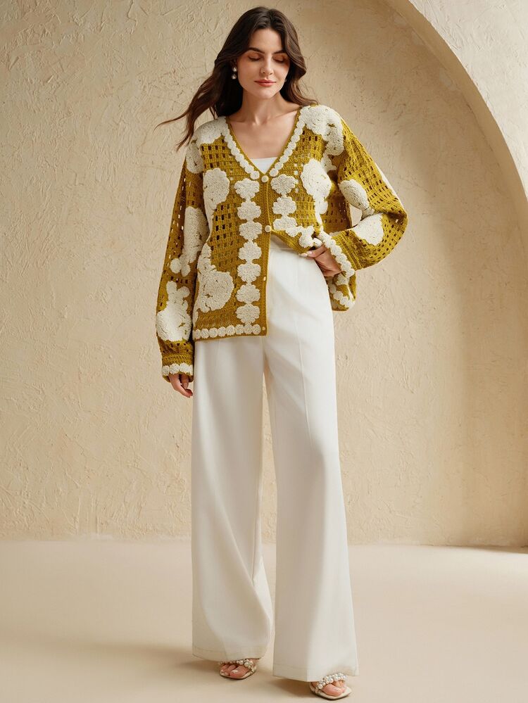 Anewsta Cárdigan de punto con manga larga, abotonadura sencilla, estampado floral y calado para mujer - Amarillo - Añade 4
