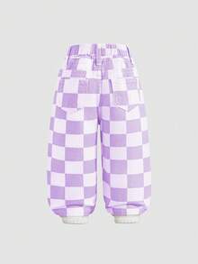 SHEIN Explorewe Denimly 女嬰休閒戶外時尚彈性腰頭格紋水洗牛仔口袋紫色輕量透氣長褲 秋冬款 - 紫色 - 查看 3