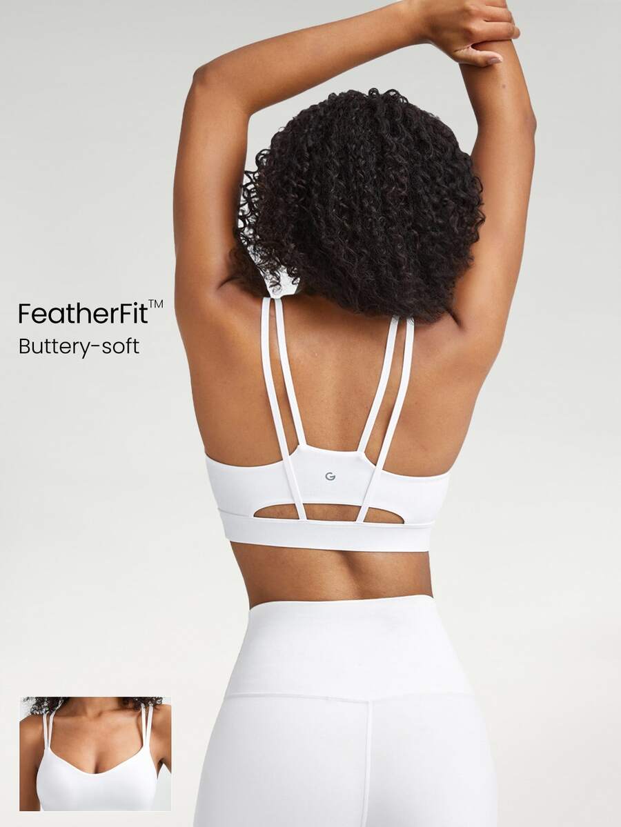 GLOWMODE FeatherFit™ Double-Strap Heart-Shaped Neck Sports Bra Low Impact Yoga Pilates Daily Spring Summer - White - View 1