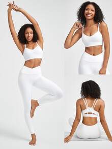 GLOWMODE FeatherFit™ Double-Strap Heart-Shaped Neck Sports Bra Low Impact Yoga Pilates Daily Spring Summer - White - View 9