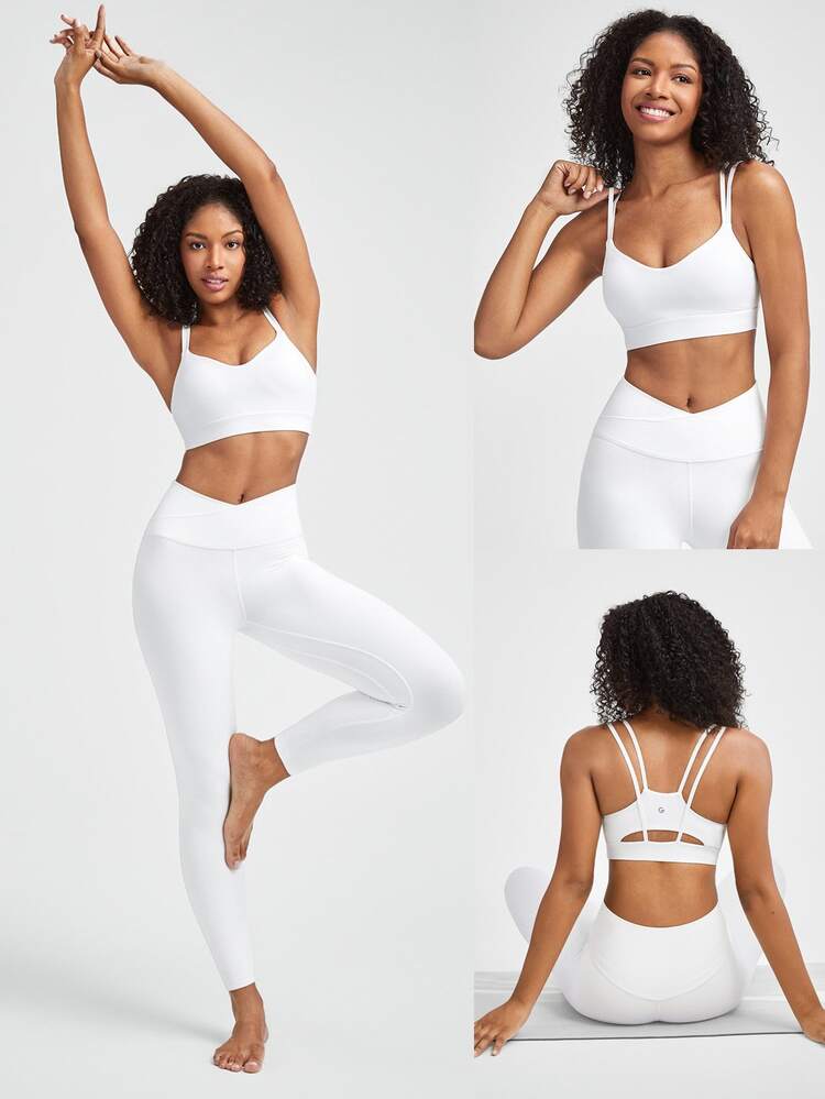 GLOWMODE FeatherFit™ Double-Strap Heart-Shaped Neck Sports Bra Low Impact Yoga Pilates Daily Spring Summer - White - View 9
