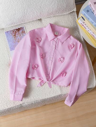 SHEIN Tween Girls Vertical Striped 3D Floral Long Sleeve Shirt,Pink And White,Autumn,Preppy,School,Back-To-School Casual Tie Front Cropped Button Down Shirt