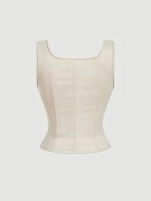 SHEIN MOD 女士杏色刺绣系带麂皮白色背心，波西米亚风格上衣，适合音乐节穿着 - 杏色 - 查看 2