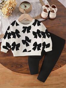 Baby Girls' Bow Print Crew Neck Sweatshirt And Black Knit Leggings Set, Autumn/Winter Outfit Fall Cute Funny - Multicolor - View 1