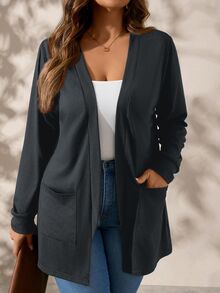 SHEIN Clasi Cream Knit Pocket Long Sleeve Loose Plus Size Jacket,Fall Clothes For Women Winter Autumn Office Work Casual Racing - Dark Grey - View 2