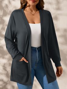 SHEIN Clasi Cream Knit Pocket Long Sleeve Loose Plus Size Jacket,Fall Clothes For Women Winter Autumn Office Work Casual Racing - Dark Grey - View 4