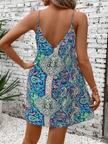 SHEIN LUNE Bohemian Style Retro Print Spaghetti Strap V Neck Backless A-Line Dress, Suitable For Music Festivals,Vacation - Multicolor - View 2