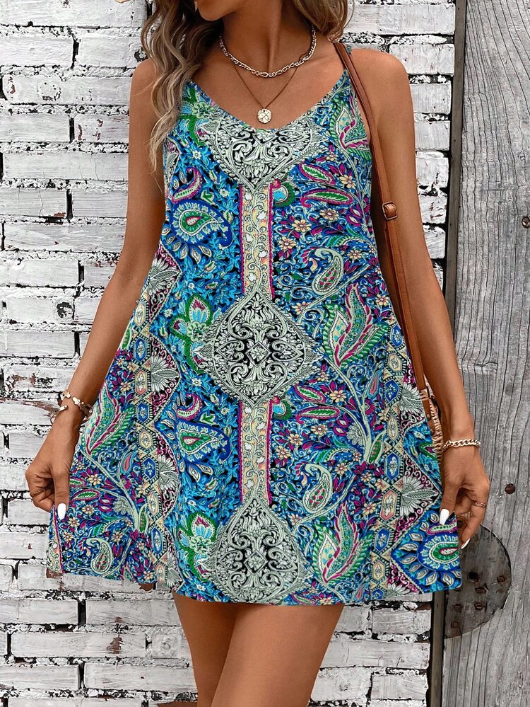 SHEIN LUNE Bohemian Style Retro Print Spaghetti Strap V Neck Backless A-Line Dress, Suitable For Music Festivals,Vacation - Multicolor - View 3