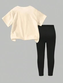 SHEIN Girls Casual Fashion Creative Cartoon Cute Paw Print Letter Slogan Graphic Tee & Leggings 2-Piece Set Fall Winter Back To Schoo - Multicolor - View 2