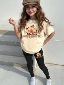 SHEIN Girls Casual Fashion Creative Cartoon Cute Paw Print Letter Slogan Graphic Tee & Leggings 2-Piece Set Fall Winter Back To Schoo - Multicolor - View 1