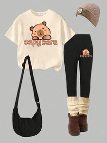 SHEIN Girls Casual Fashion Creative Cartoon Cute Paw Print Letter Slogan Graphic Tee & Leggings 2-Piece Set Fall Winter Back To Schoo - Multicolor - View 4