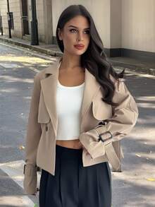 Firerie 女款優雅卡其色風衣，秋季辦公商務休閒繫帶夾克，老錢風V領收腰亞麻混紡長袖短版西裝外套 - 卡其色 - 查看 11