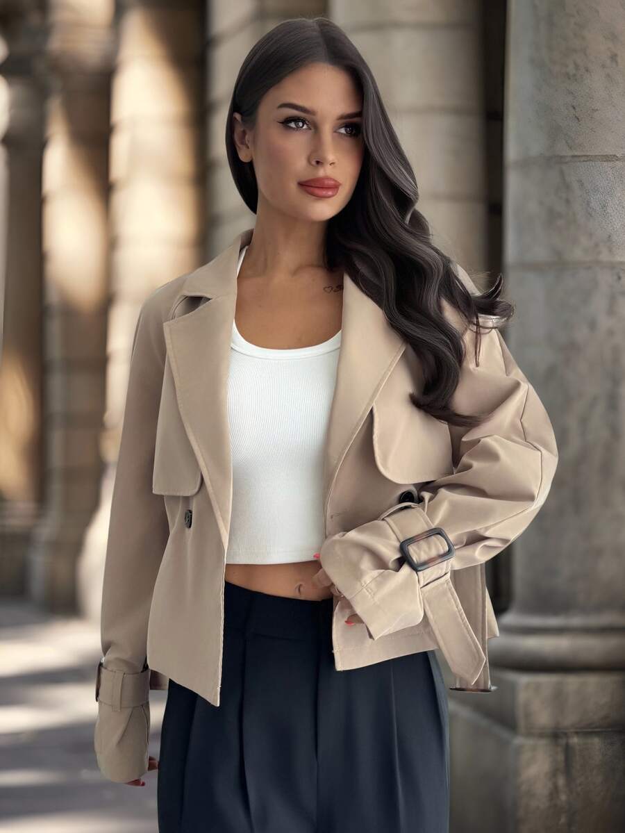 Firerie 女款優雅卡其色風衣，秋季辦公商務休閒繫帶夾克，老錢風V領收腰亞麻混紡長袖短版西裝外套