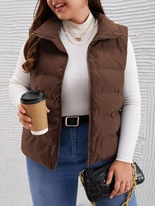 SHEIN LUNE Plus Size Solid Color Sleeveless Casual Coat, Autumn/Winter,Fall - Chocolate Brown - View 1