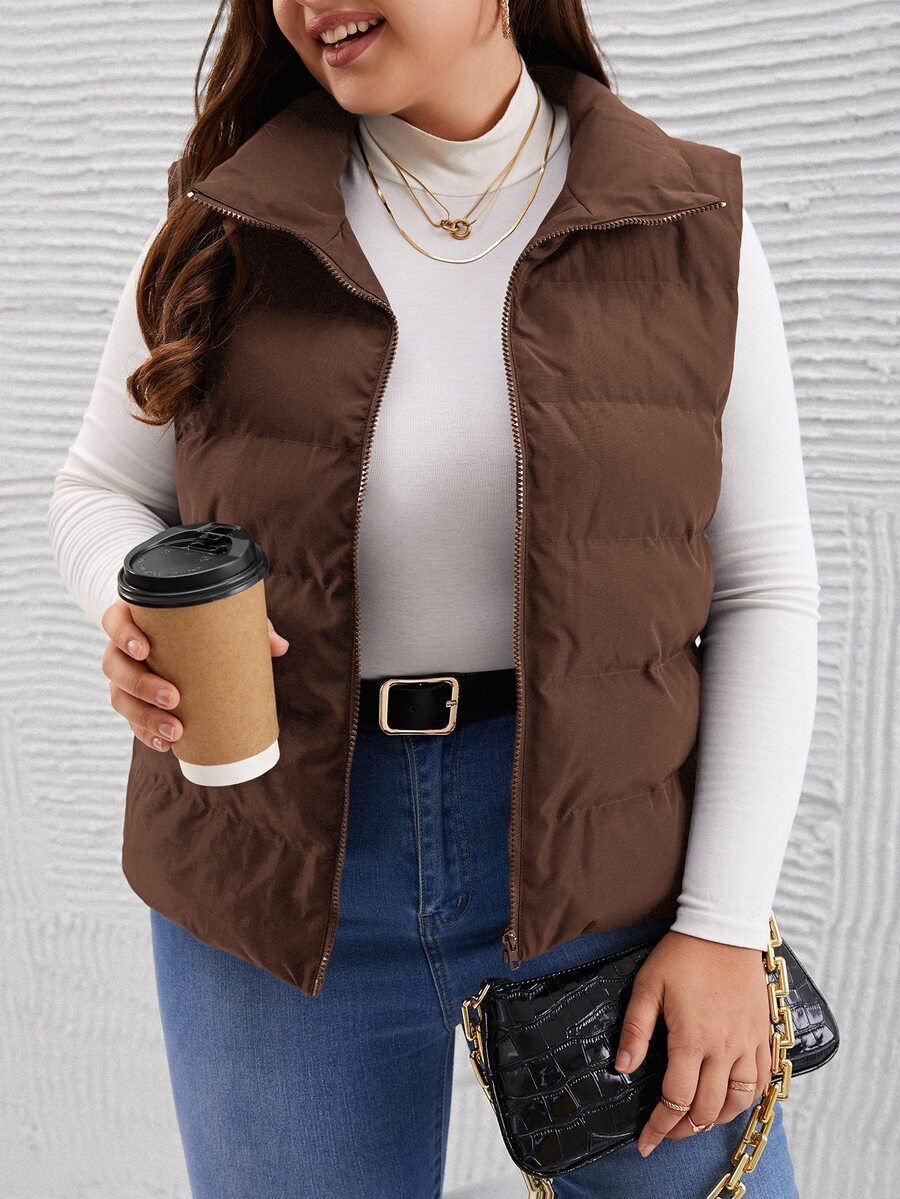 SHEIN LUNE Plus Size Solid Color Sleeveless Casual Coat, Autumn/Winter,Fall - Chocolate Brown - View 1