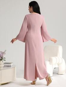 Yasveil 女式优雅方领拼接刺绣束腰连衣裙，春夏 - 粉色 - 查看 3